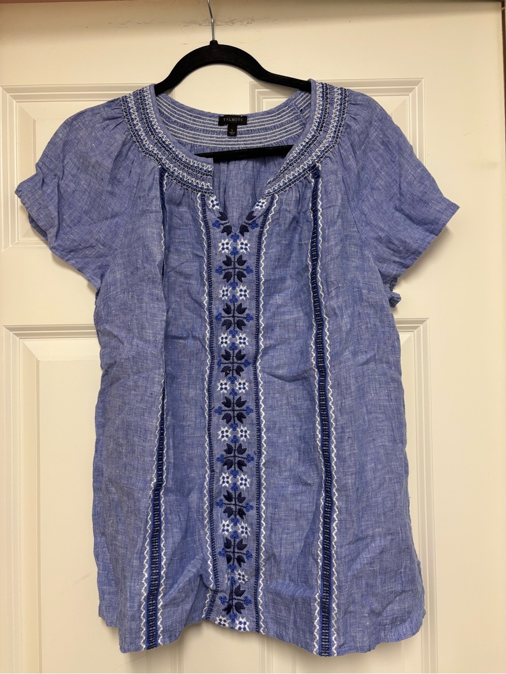 Talbots 100% Linen Embroidered Peasant Boho Blouse